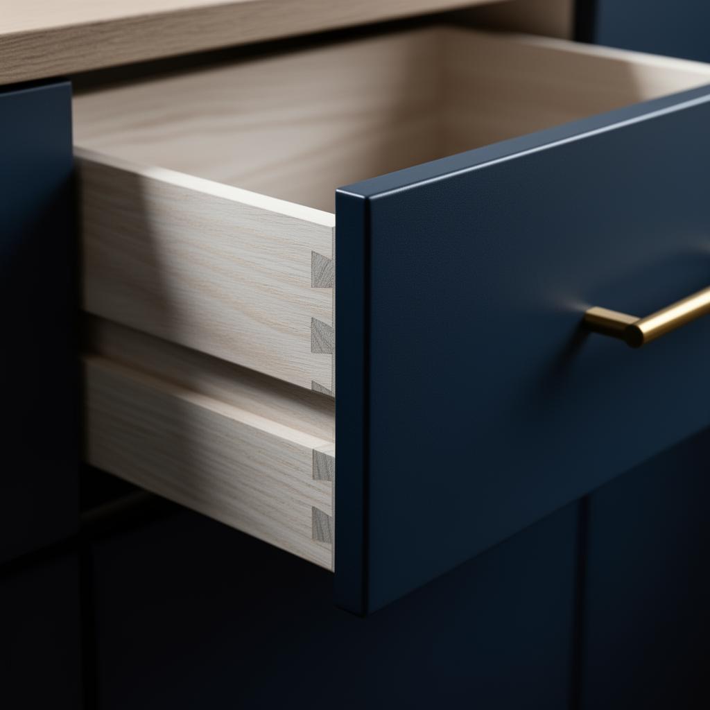 Close-up of a soft-close navy cabinet drawer with white oak interior and brass pull